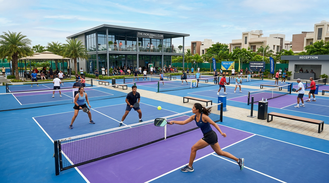 Firefly_GeminiFlash_wide modern pickleball facility with modern Indian players enjoying the sport, social 339387 (1)