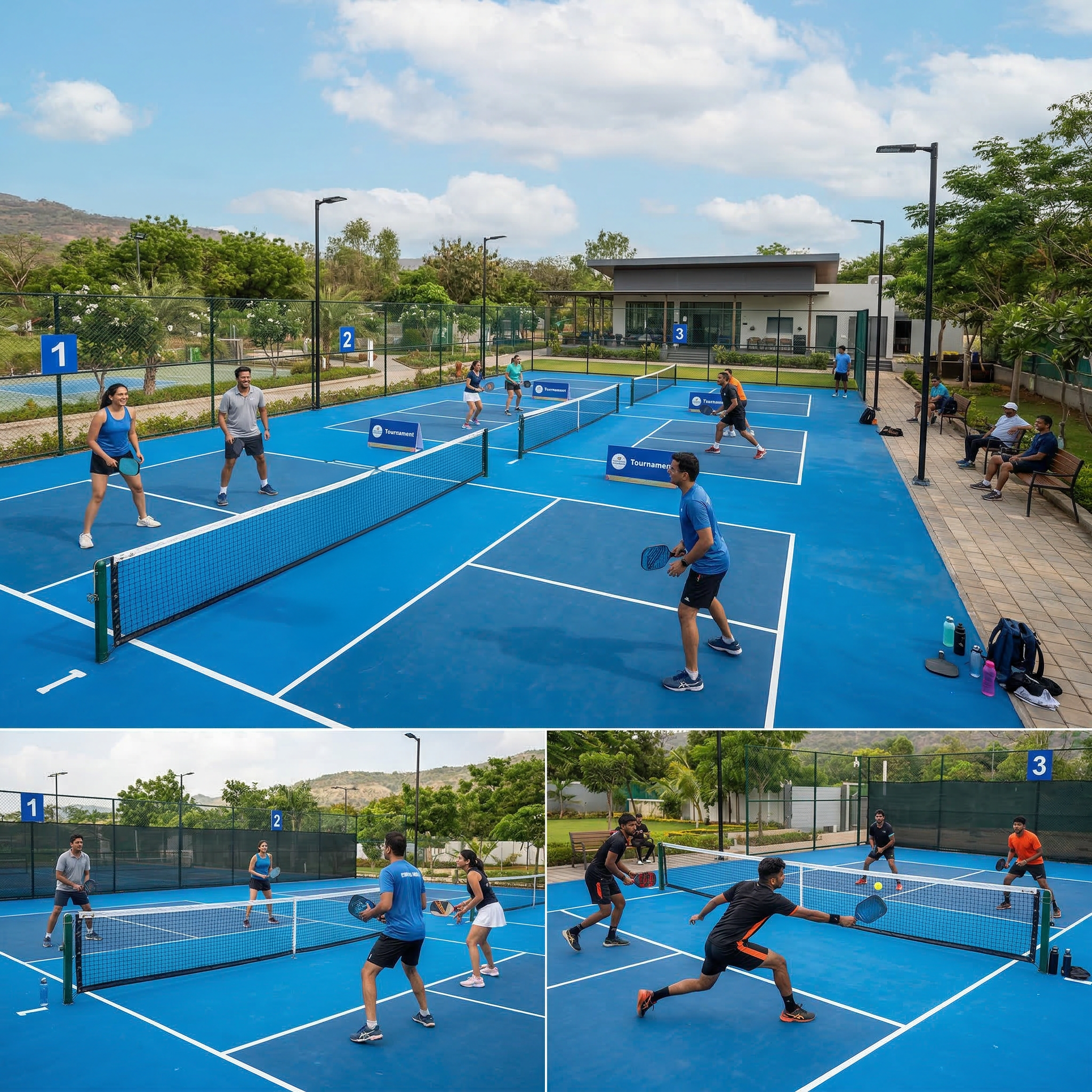 Firefly_modern outdoor pickleball facility with three