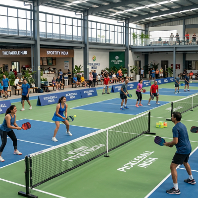 Firefly_GeminiFlash_wide modern pickleball facility with modern Indian players enjoying the sport, social 761